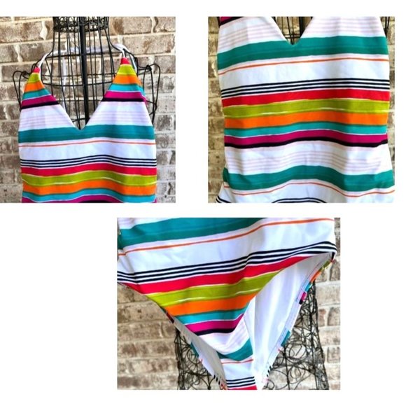 LOFT Beach Swimsuit Size 4 Striped One Piece Halter Shelf Bra V Neck New… - Picture 6 of 12